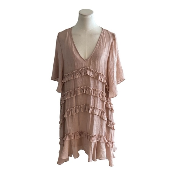 FLAWLESS‎ Bell Sleeve Tiered Ruffle Mini Dress Mauve Pink Sz L Boho Casual Party - Picture 4 of 11